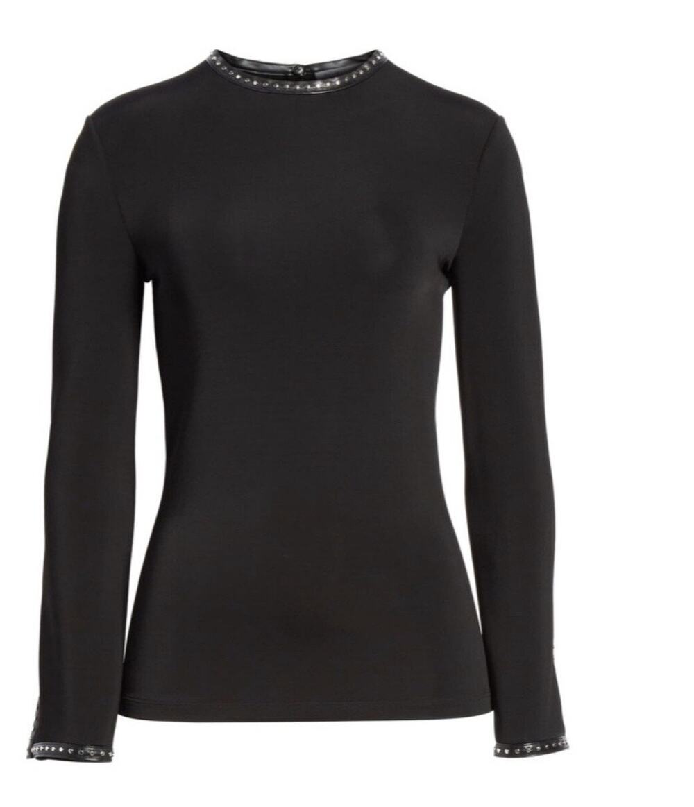 Helmut Lang Studded Leather Trim Top Black Long Sleeve Viscose Blouse Size S
